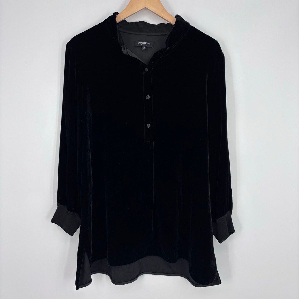 Lafayette 148 New York Silk Rayon Velvet Henley Blouse Women XL Black Tunic Top